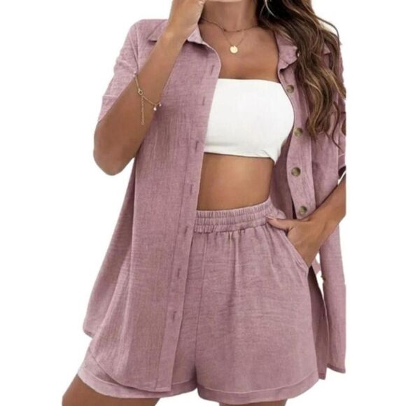 casual solid two piece set button down